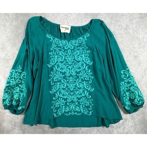 Savanna Jane Womens Medium Blouse Rayon Green Embroidered Boho 3/4 Sleeve